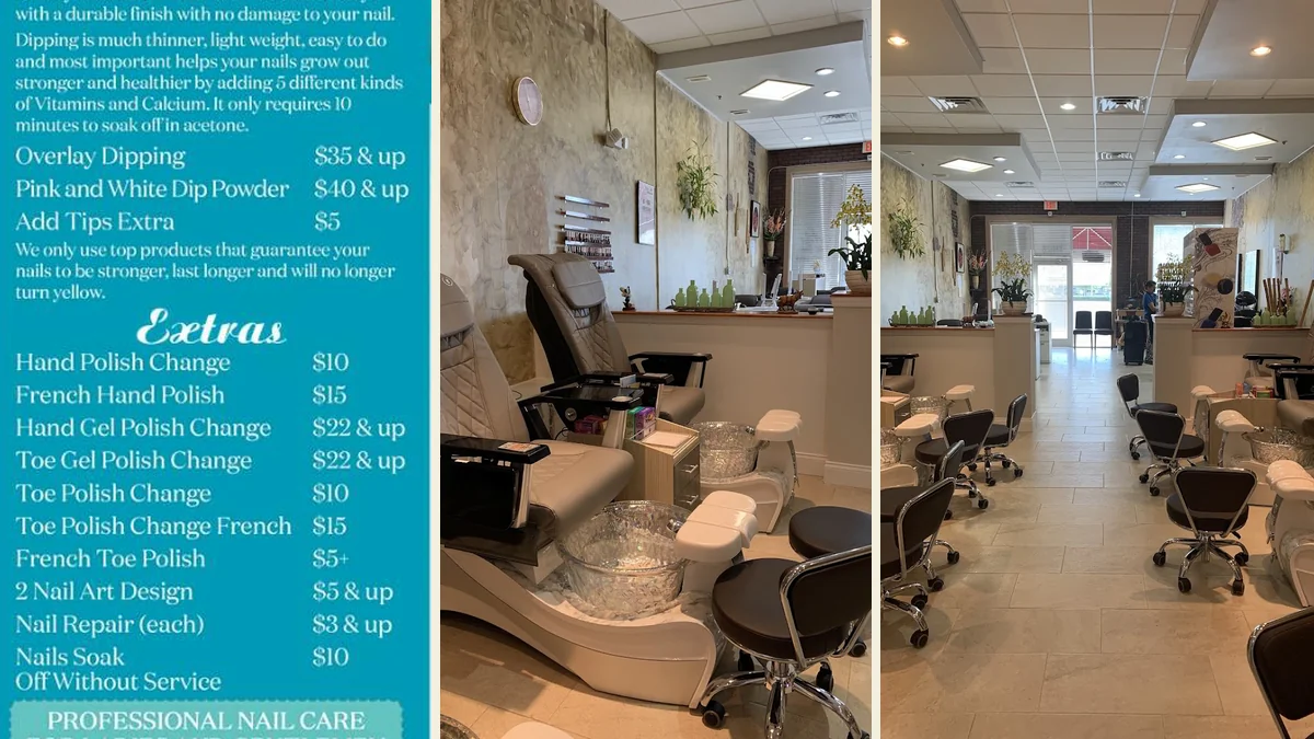 Salon chair beside manicure tools and towels.